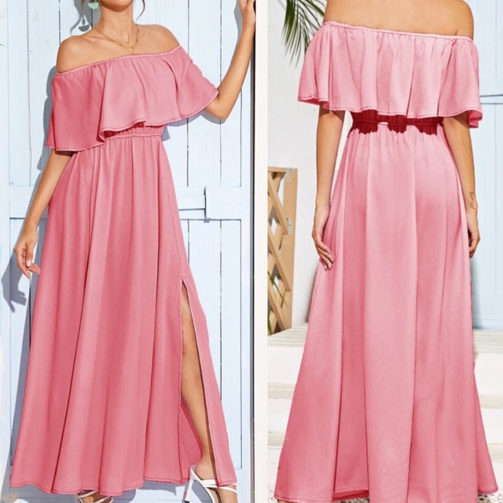 Dusty Pink polyester shoulder side slit dress - Picture 2 of 4
